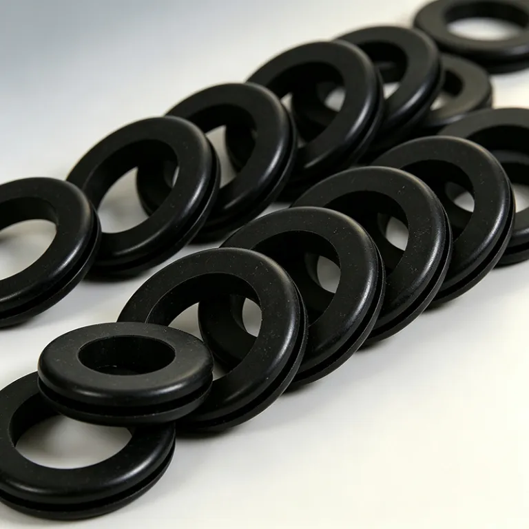 Several black rubber gaskets neatly arranged in a diagonal line on a white surface, showcasing their circular shape and smooth texture.
