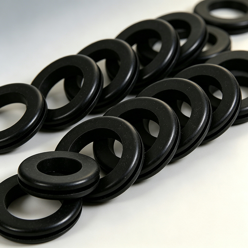 Several black rubber gaskets neatly arranged in a diagonal line on a white surface, showcasing their circular shape and smooth texture.