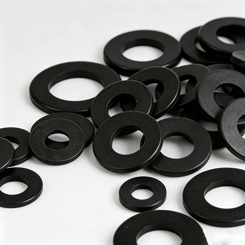 A collection of black rubber washers of varying sizes scattered on a white background.