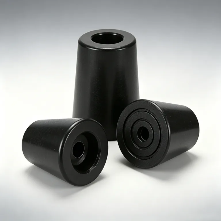 Three black conical plastic end caps with smooth and grooved designs, arranged on a white background.