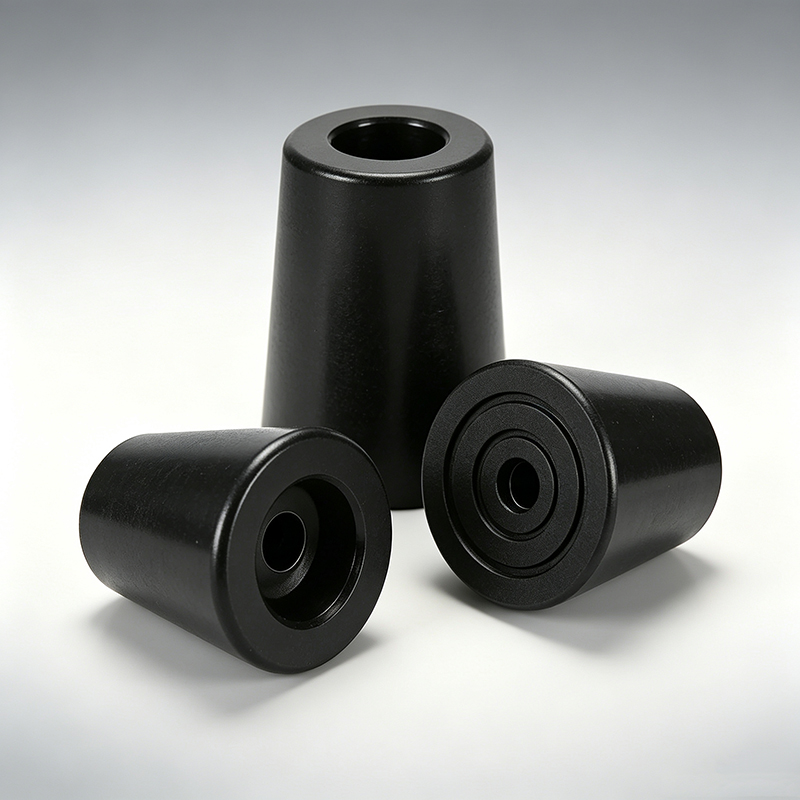 Three black conical plastic end caps with smooth and grooved designs, arranged on a white background.