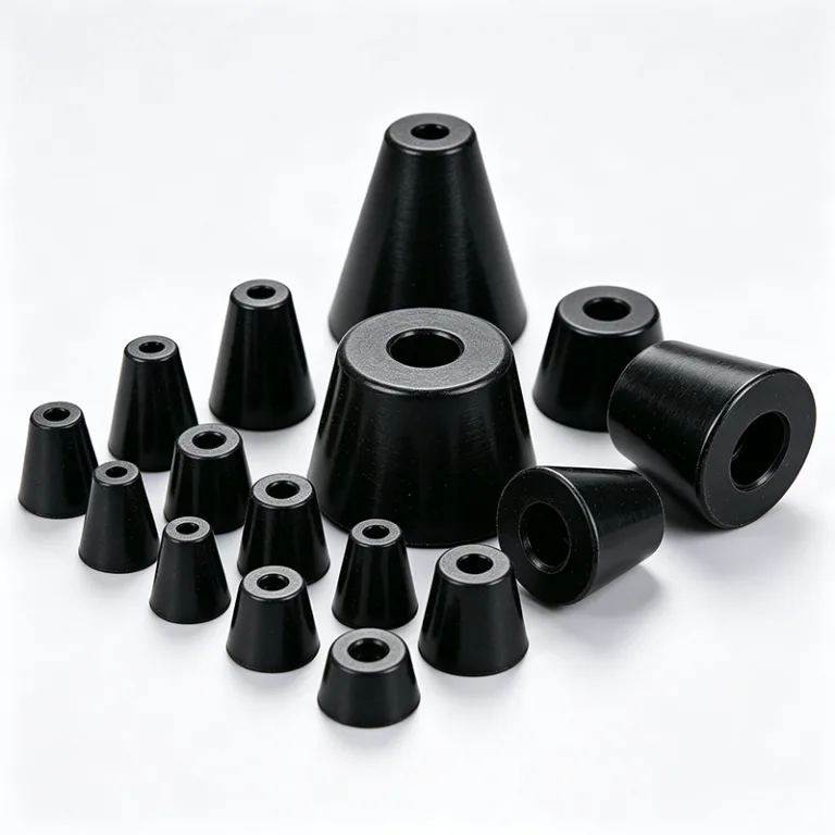 A collection of black cone-shaped rubber bumpers in different sizes, arranged on a white surface.