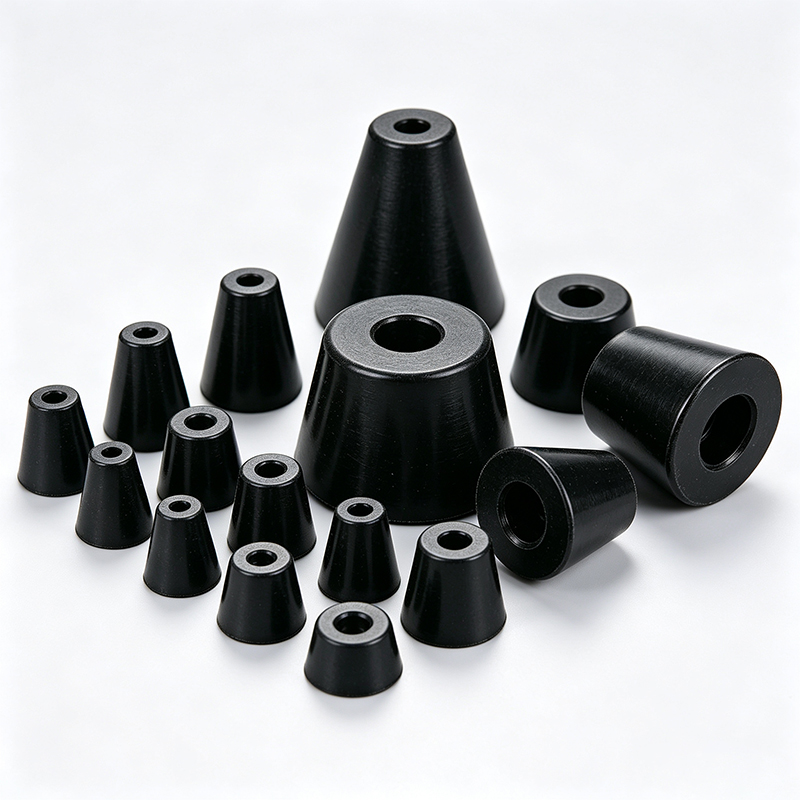 A collection of black cone-shaped rubber bumpers in different sizes, arranged on a white surface.