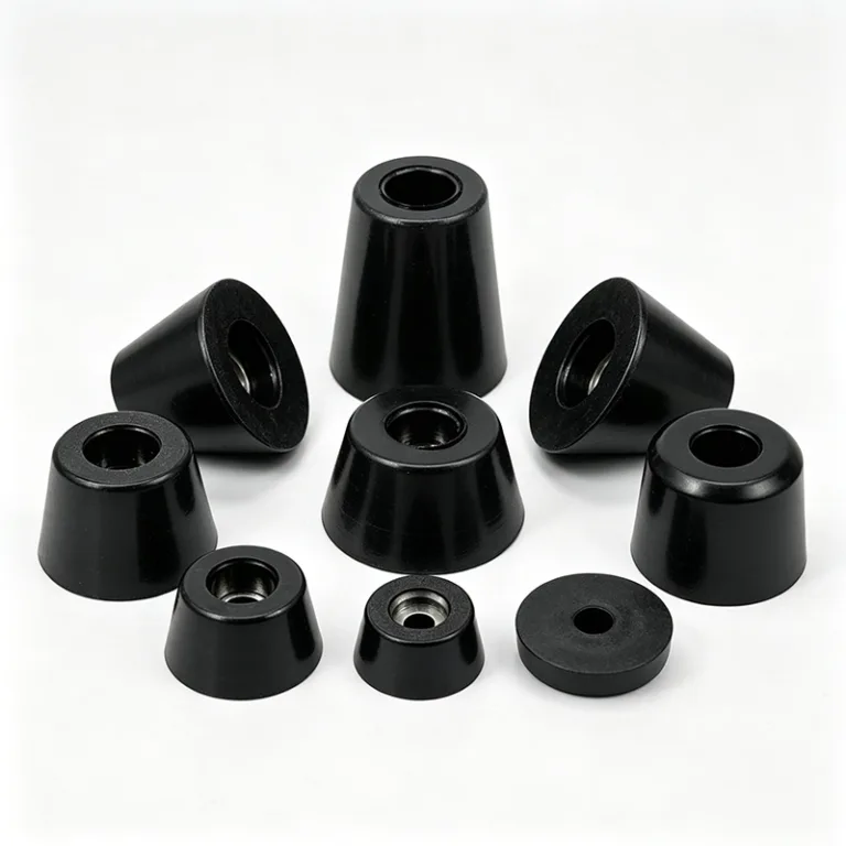 A variety of black conical rubber bumpers with metal inserts arranged on a white surface.