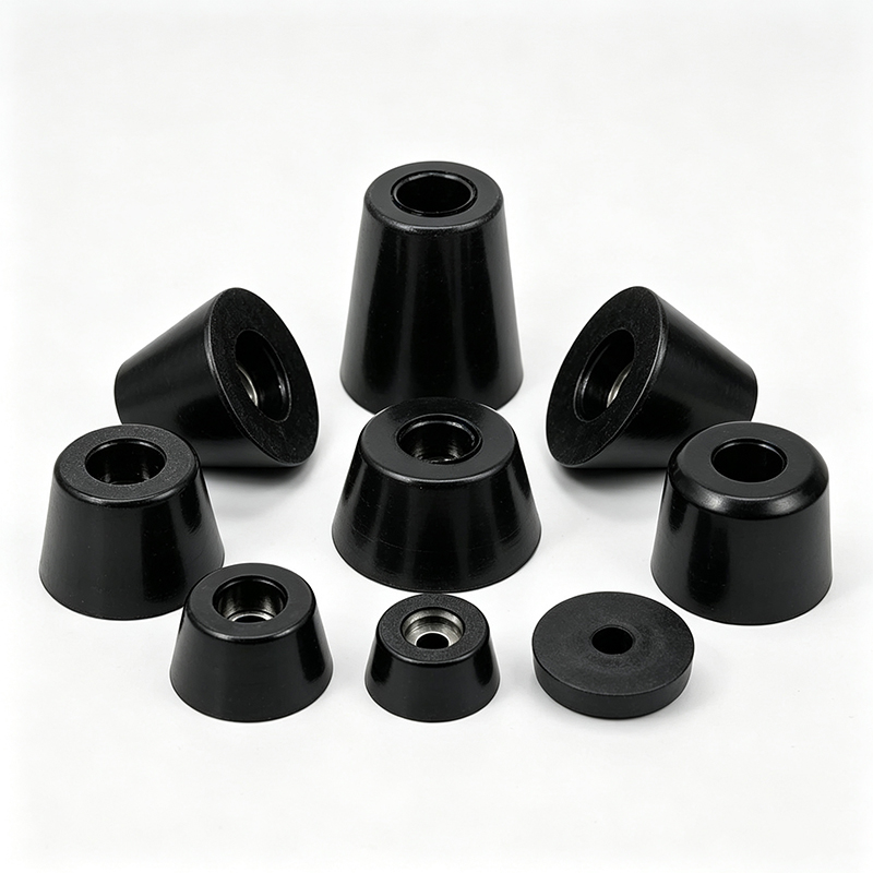 A variety of black conical rubber bumpers with metal inserts arranged on a white surface.