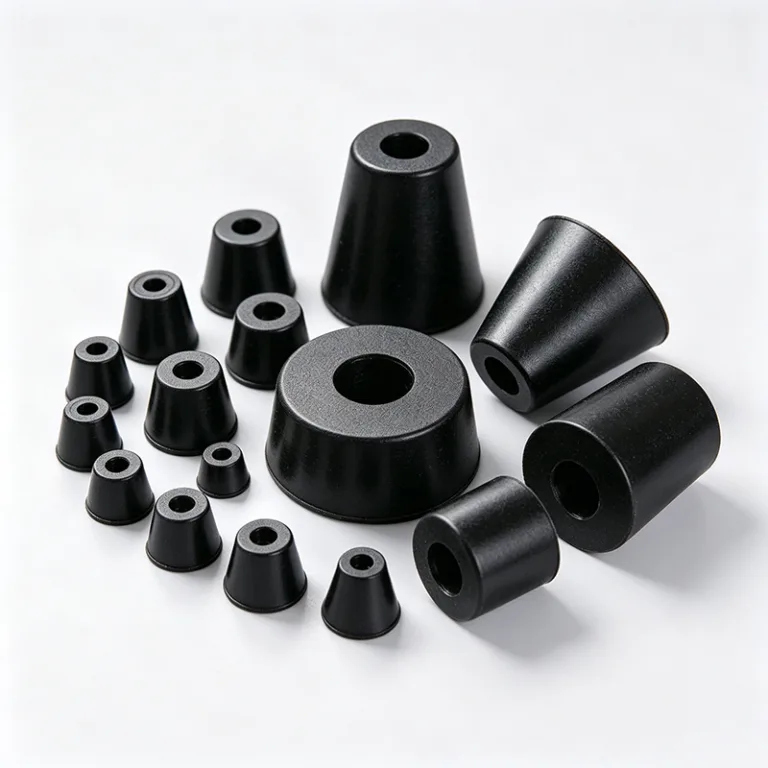 Assorted black rubber conical stoppers in varying sizes arranged on a white surface.