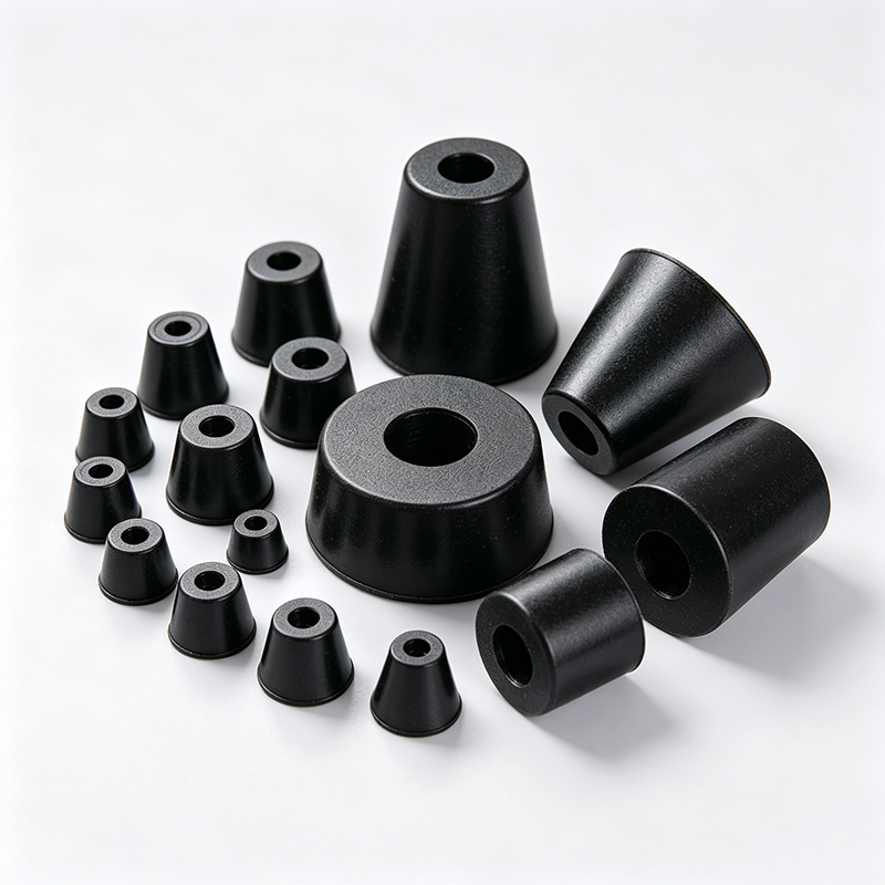 Assorted black rubber conical stoppers in varying sizes arranged on a white surface.
